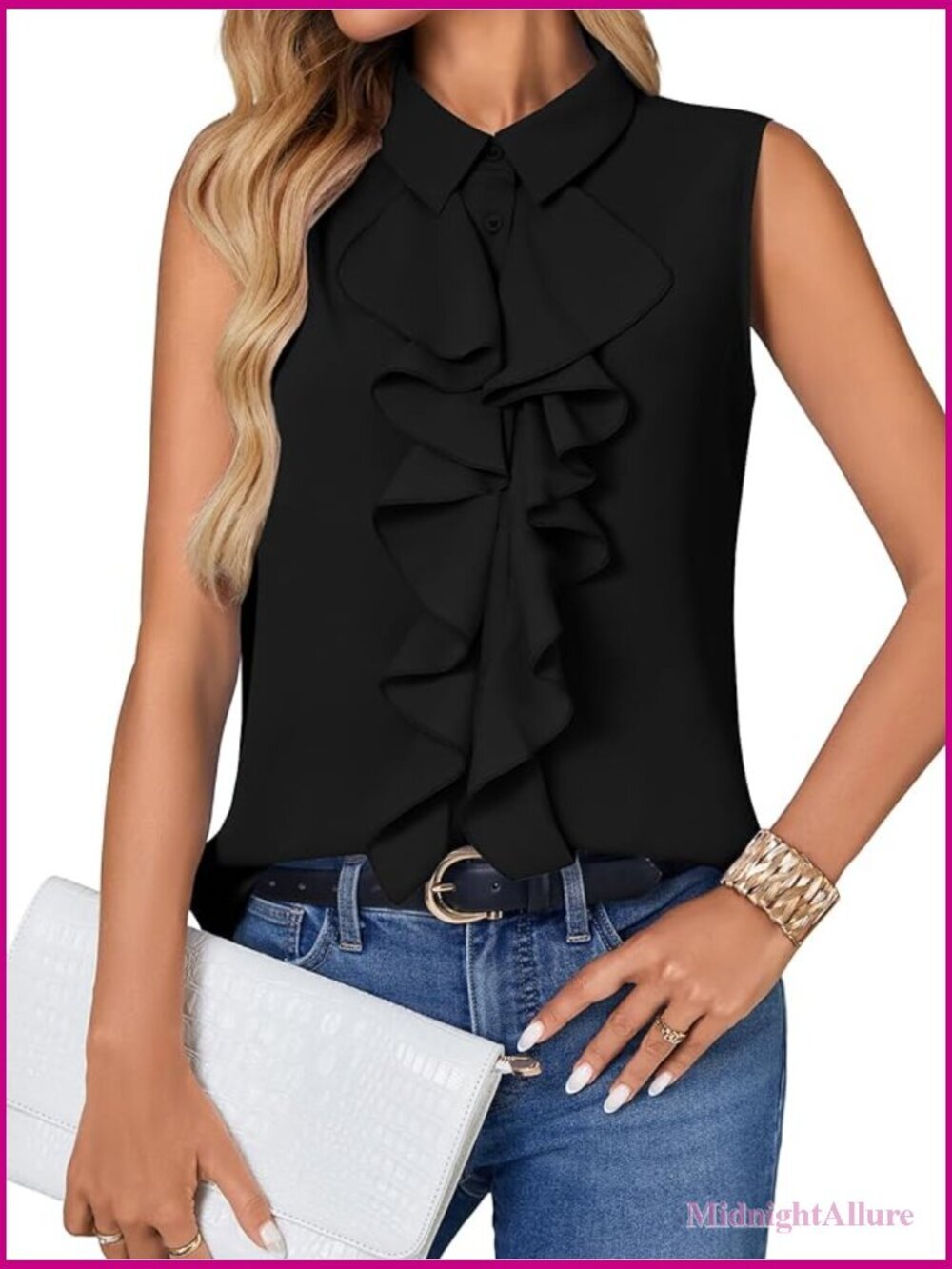 Button Down Ruffle Sleeveless Blouse Womens Summer Tank Top